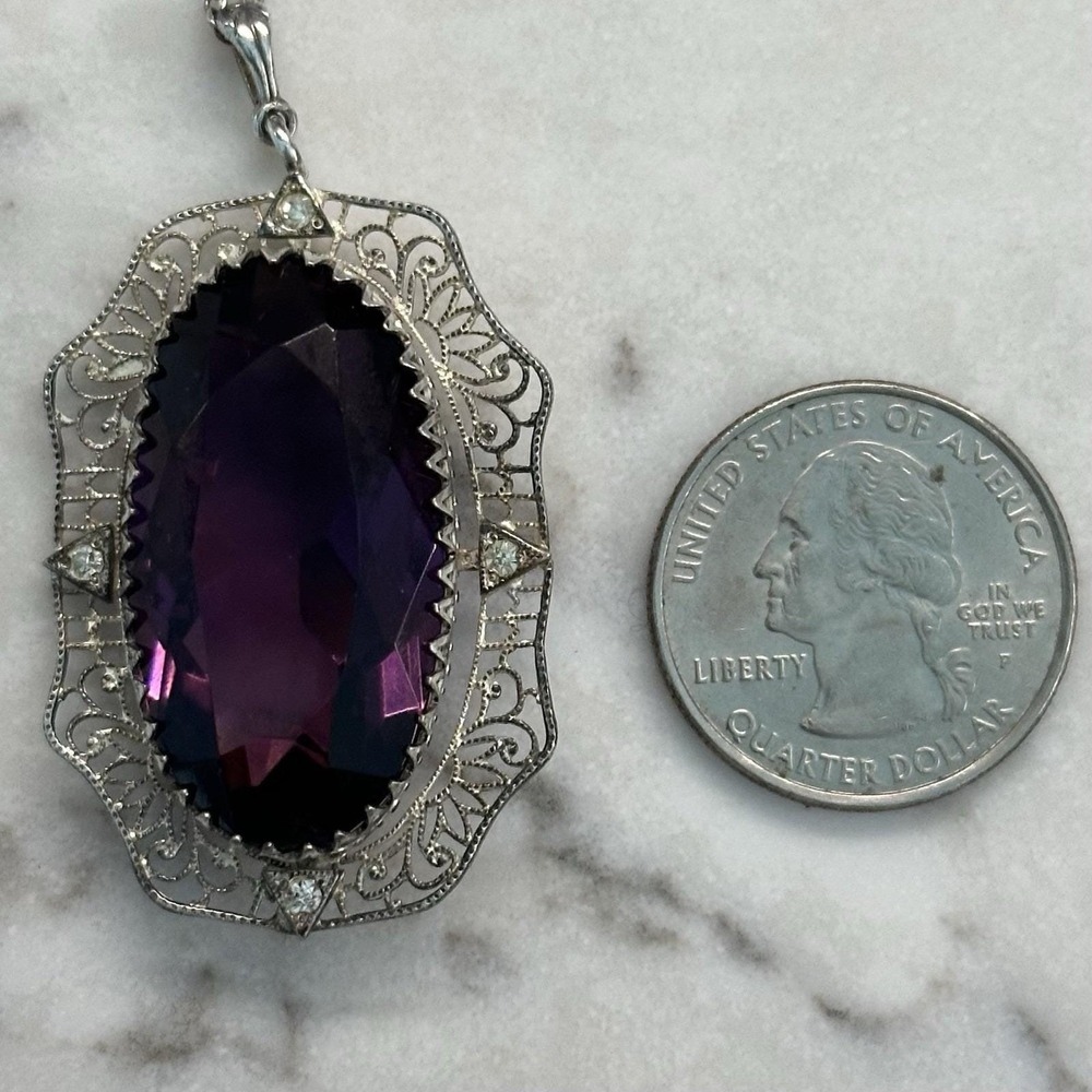 Antique Victorian Edwardian Sterling Filigre Amethyst Paste Pendant Necklace Lot - Picture 4 of 10